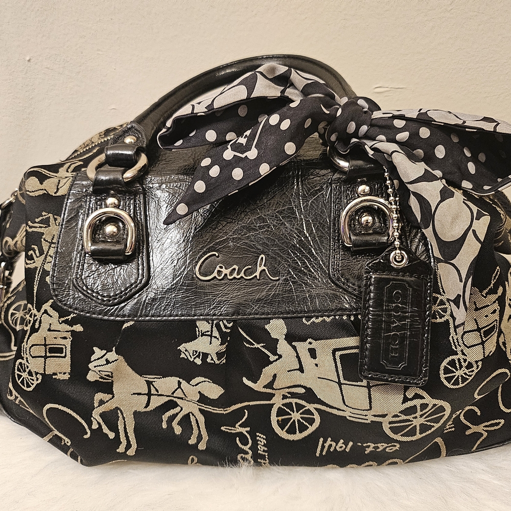 LOW START...Coach Black and Tan Satchel with Polka Dot Scarf